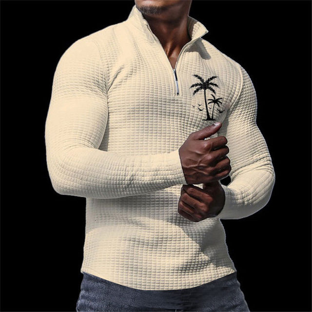  Coconut Tree Men's Casual 3D Print Waffle Polo Shirt Golf Polo Outdoor Casual Daily Streetwear Polyester Long Sleeve Turndown Zip Polo Shirts Black White Fall & Winter S M L Lapel Polo