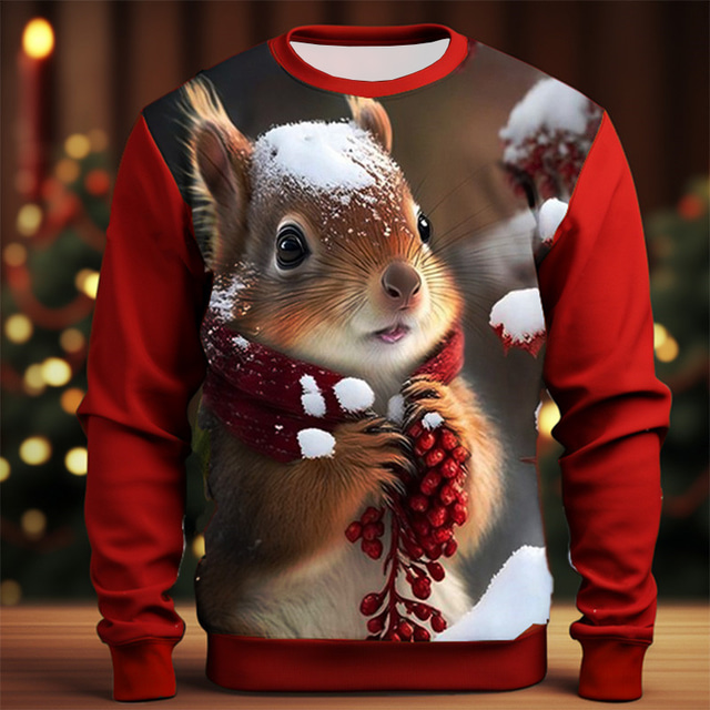  Graphic Squirrel Men's Fashion 3D Print Pullover Sweatshirt Holiday Vacation Sweatshirts Black Red Long Sleeve Crew Neck Print Spring &  Fall Designer Hoodie Sweatshirt
