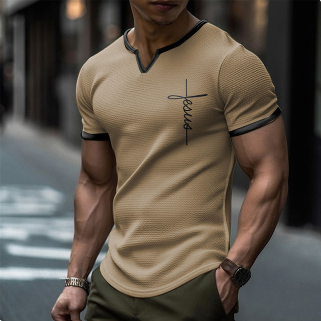  Homme Lettre Foi T-shirt Graphique T-shirt gaufré Manche Courte T-shirt 3D effet Col V Chemise Design Décontractées Extérieur du quotidien Vacances Bleu Marron Vert Printemps été Vêtement Tenue S M L