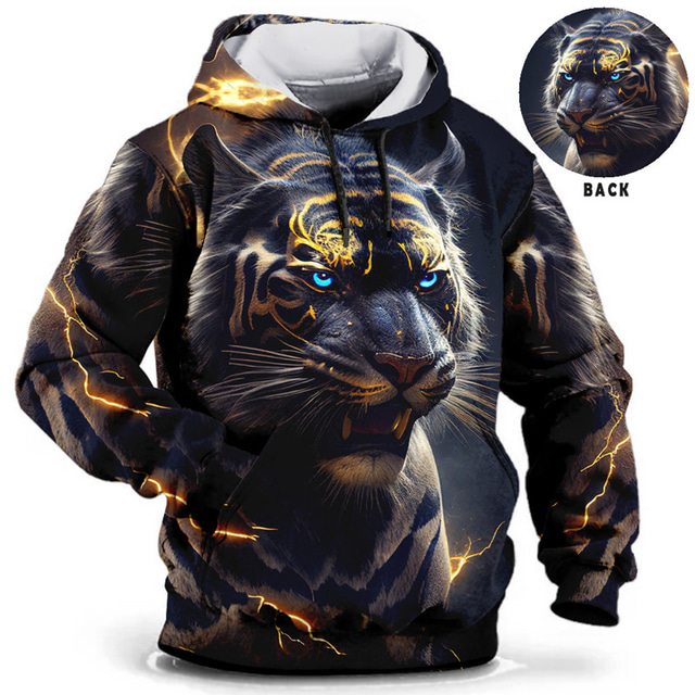  Mens Graphic Hoodie Animal Tiger Prints Daily Classic Casual 3D Pullover Holiday Going Out Streetwear Hoodies Blue Brown Green Long Sleeve Hooded Black Cotton