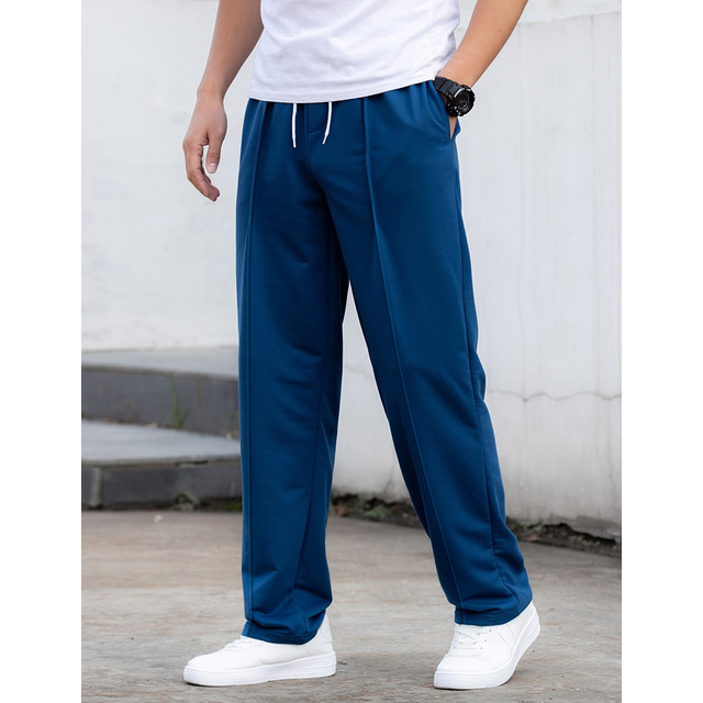  Men's Trousers Straight Leg Sweatpants Pleated Pants Pocket Drawstring Elastic Waist Plain Comfort Breathable Outdoor Daily Going out 100% Cotton Fashion Casual Black Blue