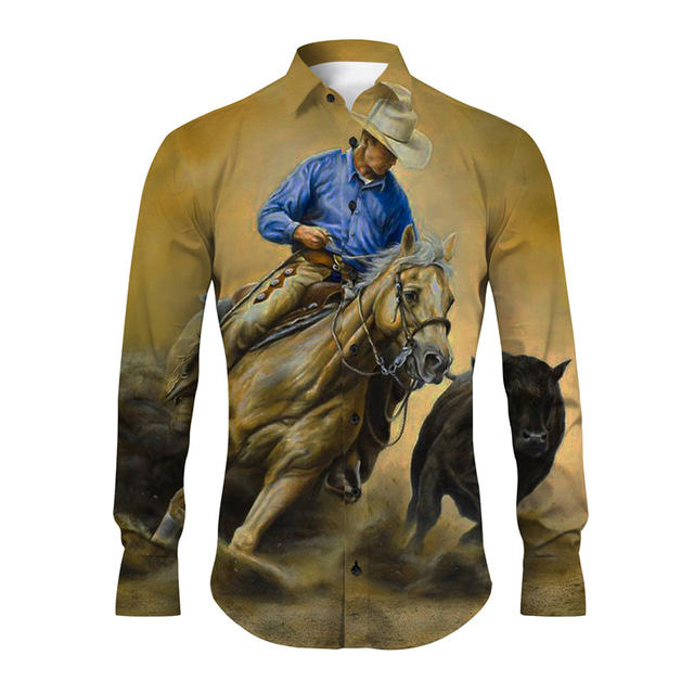  Horse Vintage western style Men's Shirt Daily Wear Going out Weekend Fall & Winter Turndown Long Sleeve Yellow, Brown, Khaki S, M, L 4-Way Stretch Fabric Shirt