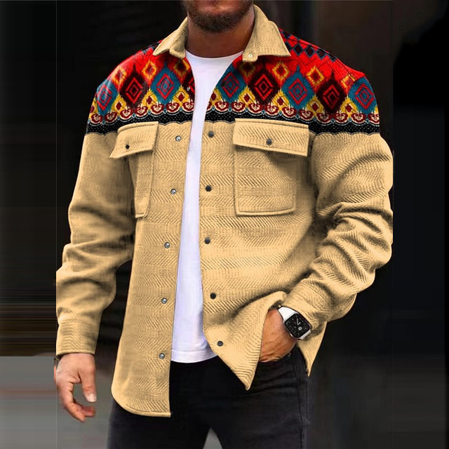  Tribal Geometry Bandana Print Vintage Casual Tribal Men's Shirt Shirt Jacket Shacket Outdoor Street Casual Daily Fall & Winter Turndown Long Sleeve Brown khaki S M L Shirt