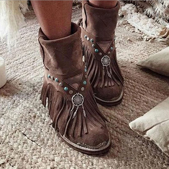  Women's Boho Fringe Ankle Boots with Dreamcatcher Charm, Perfect for Festival Wear and Casual Outfits