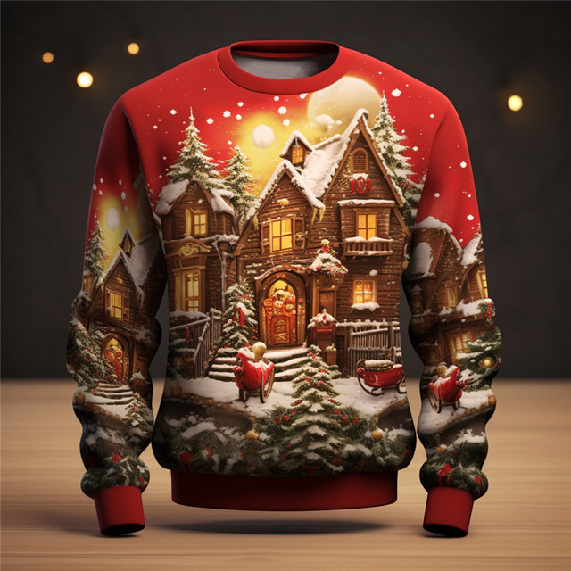  Sweater Mens Graphic Hoodie Santa Claus Castle Fashion Daily Casual 3D Print Pullover Sweatshirt Holiday Vacation Sweatshirts Red White Crew Neck Ugly Cotton