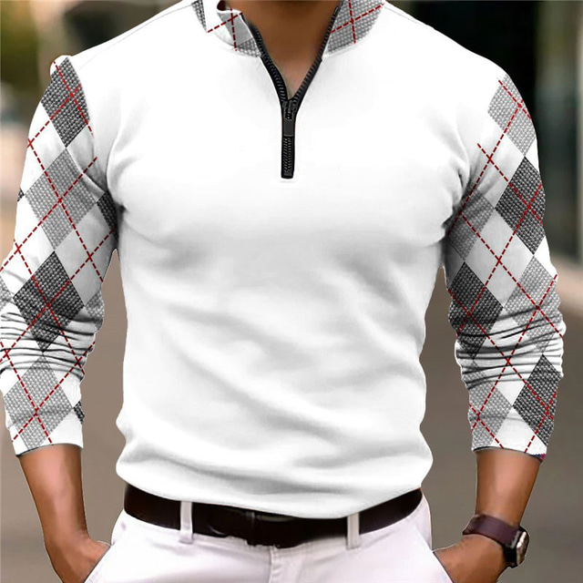  Plaid Men's Business 3D Print Zip Polo Outdoor Casual Daily Streetwear Polyester Long Sleeve Zip Polo Shirts Black White Fall & Winter S M L Micro-elastic Lapel Polo