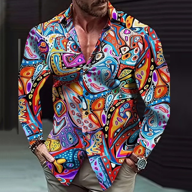  Color Block Artistic Abstract Men's Shirt Outdoor Street Casual Daily Fall & Winter Turndown Long Sleeve Blue S M L Shirt