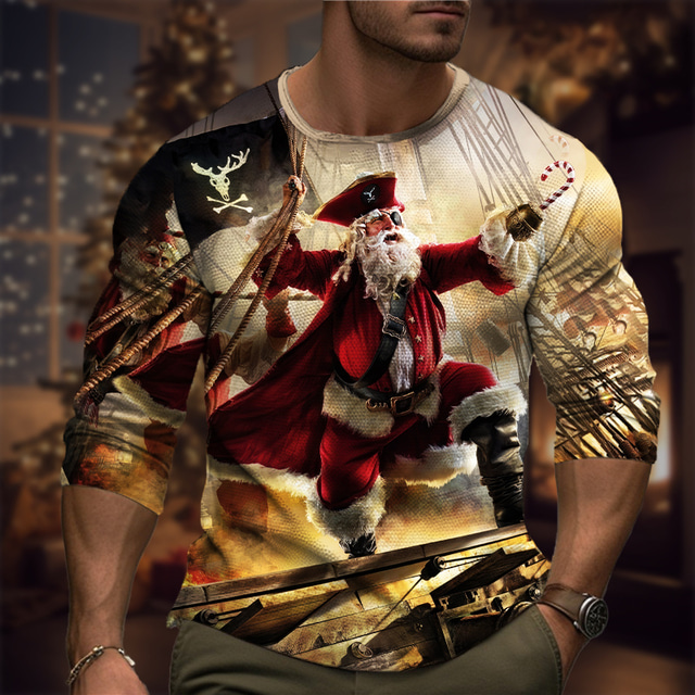  Graphic Santa Claus Fashion Designer Casual Men's 3D Print T shirt Tee Sports Outdoor Holiday Going out T shirt Burgundy Blue Brown Long Sleeve Crew Neck Shirt Spring &  Fall Clothing