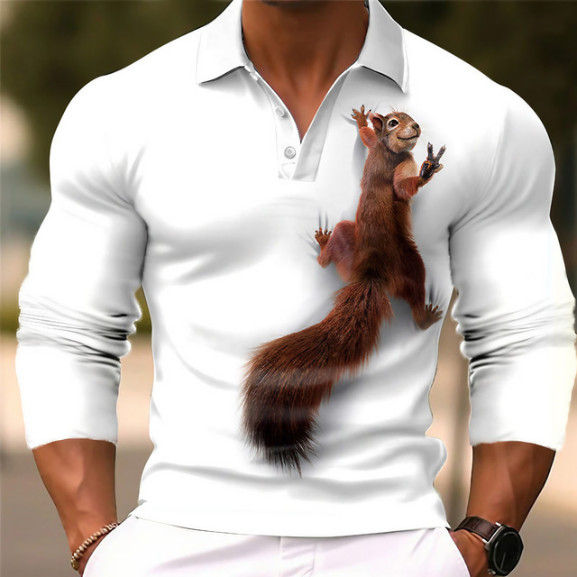  Squirrel Men's Casual 3D Print Outdoor Casual Daily Streetwear Polyester Long Sleeve Turndown Polo Shirts White Wine Fall & Winter S M L Micro-elastic Lapel Polo