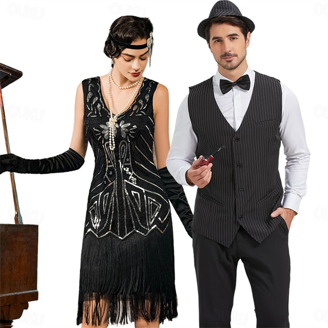  Retro Vintage Roaring 20s 1920s Flapper Dress Outfits Waistcoat The Great Gatsby Gentleman Men's Women's Sequins Tassel Fringe New Year Masquerade Party Prom Adults' Costume Homecoming Dresses