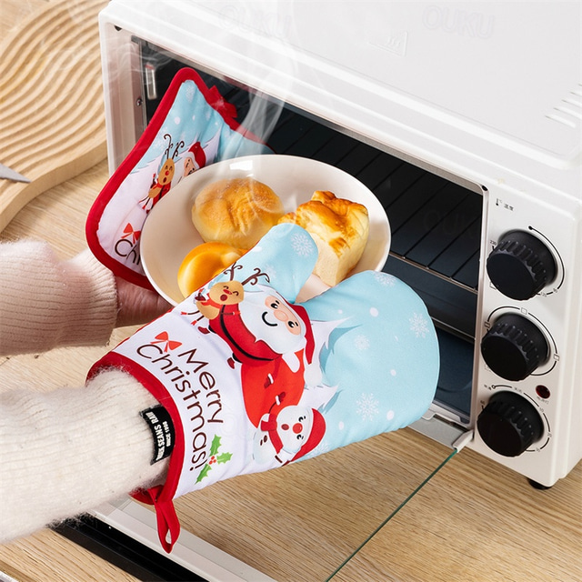  2Pcs/set Christmas Microwave Mitts Thick Household Kitchen Microwave Oven Gloves Heat Insulation Oven Gloves Baking Heat