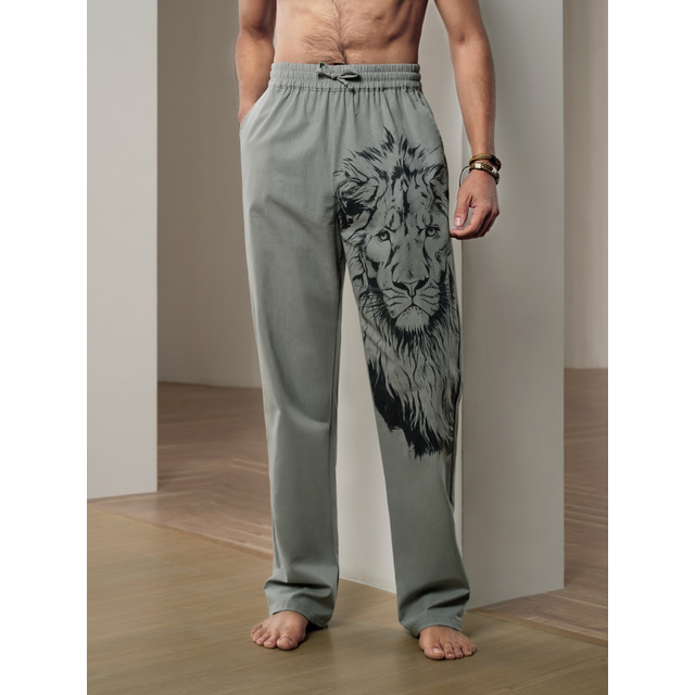  Men's Linen Pants Trousers Beach Pants Drawstring Elastic Waist 3D Print Animal Lion Graphic Prints Comfort Casual Daily Holiday 20% Linen Streetwear Hawaiian Blue Green