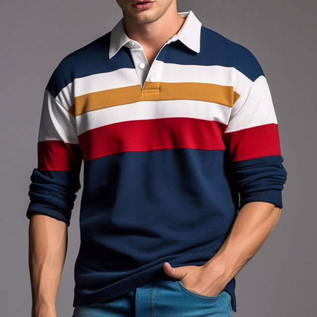  Stripe Men's Casual 3D Print Rugby Polo Outdoor Casual Daily Streetwear Terry Long Sleeve Zip Polo Shirts Red Navy Blue Fall & Winter S M L Micro-elastic Lapel Polo