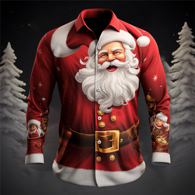  Santa Claus Casual Men's Shirt Daily Wear Going out Fall & Winter Turndown Long Sleeve Yellow, Red, Burgundy S, M, L 4-Way Stretch Fabric Shirt