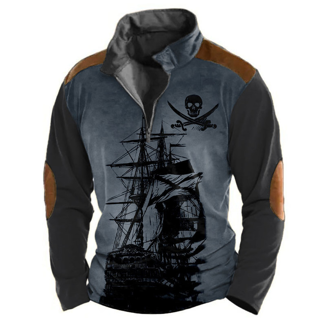  Men's Skull Sailboat Zip Polo Long Sleeve Polo Shirts Turndown Zip Vintage Abstract Outdoor Casual Daily Streetwear 3D Print Fall & Winter Black Blue Brown