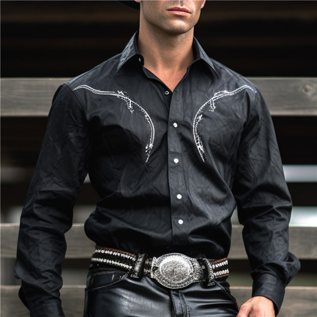  Cowboy vestlig stil Herre Skjorte Cowboy skjorte udendørs Gade Afslappet / Hverdag Efterår vinter Aftæpning Langærmet Sort Brun S M L Skjorte