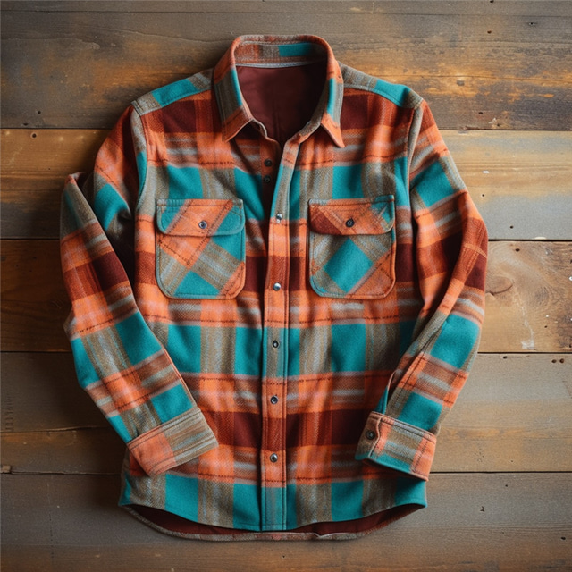  Plaid Geometric Pattern Tribal Vintage Casual Men's Shirt Shirt Jacket Shacket Outdoor Street Casual Daily Fall & Winter Turndown Long Sleeve Blue Brown S M L Shirt