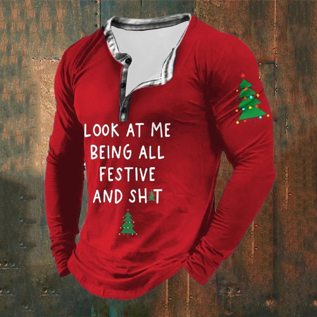  Graphic Letter Tree Fashion Daily Casual Men's 3D Print Henley Shirt Casual Holiday Going out T shirt Black Red & White Green Long Sleeve Henley Shirt Spring &  Fall Clothing
