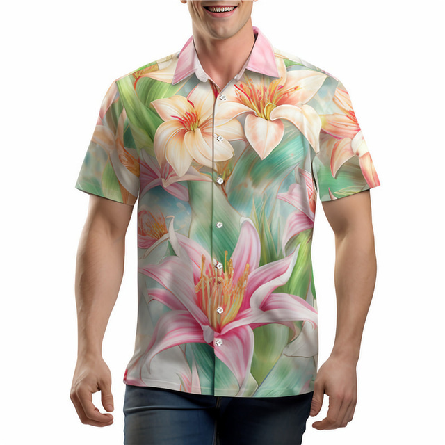  Floral Casual Men's Shirt Easter Autumn / Fall Cuban Collar Short Sleeves White, Pink, Blue S, M, L 4-Way Stretch Fabric Shirt