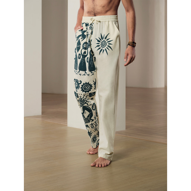  Men's Linen Pants Trousers Summer Pants Beach Pants Drawstring Elastic Waist 3D Print Graphic Prints Flower / Floral Comfort Casual Daily Holiday 20% Linen Ethnic Style Black Blue