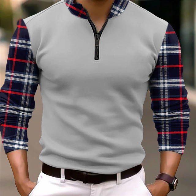  Men's Plaid Zip Polo Long Sleeve Polo Shirts Zip Business Outdoor Casual Daily Streetwear 3D Print Black Wine Dark Navy