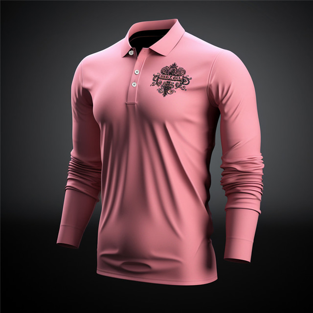  Totem Men's Vintage Print 3D Outdoor Casual Daily Streetwear Polyester Long Sleeve Turndown Polo Shirts Pink Fall & Winter S M L Micro-elastic Lapel Polo