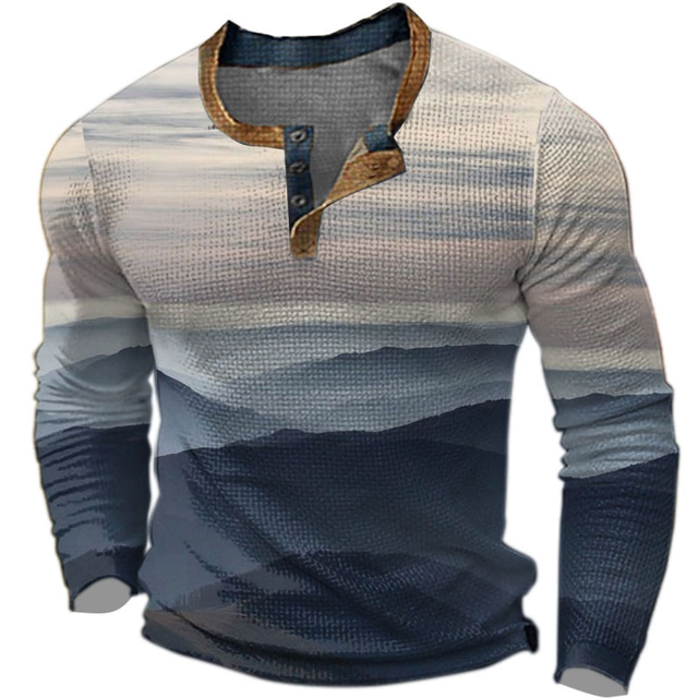  The Mountains Mens Graphic Shirt Color Block Fashion Designer Casual 3D Print Henley Waffle Tee Sports Outdoor Holiday Festival Blue Purple Brown Long