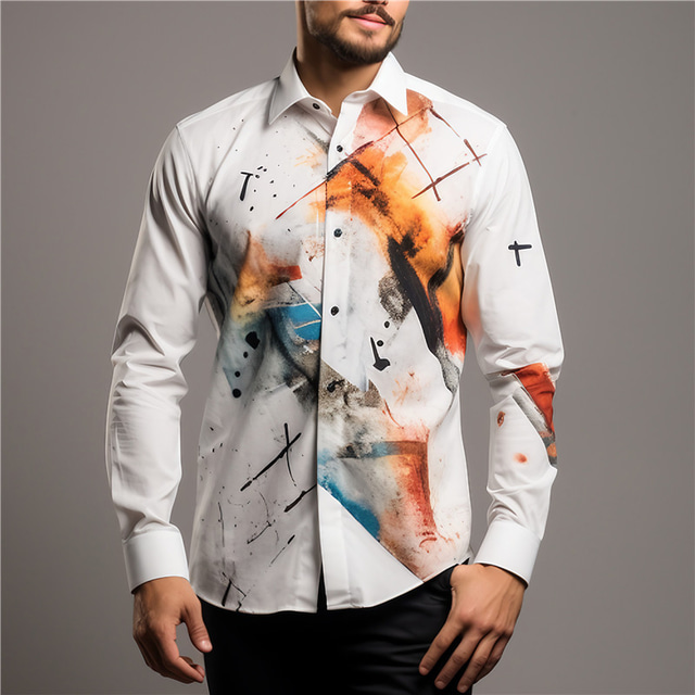  Graffiti Casual Men's Shirt Easter Fall & Winter Turndown Long Sleeve White S, M, L 4-Way Stretch Fabric Shirt