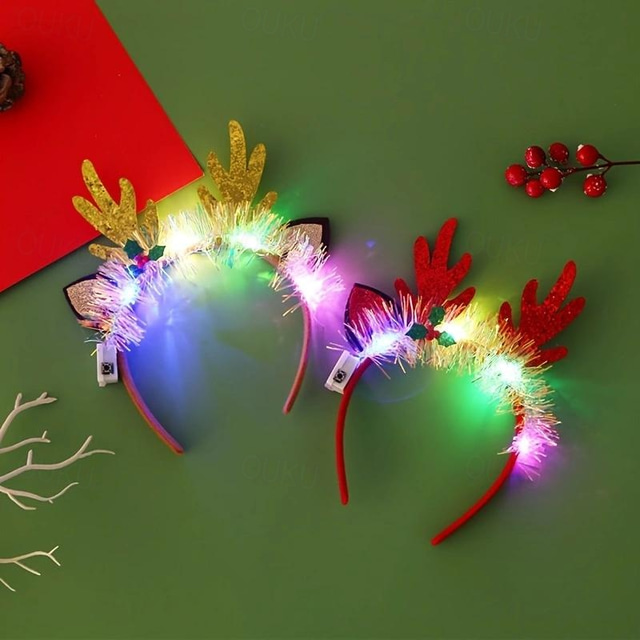  Christmas LED Hair Band，Glowing Crutch Headband，Xmas Tree Snowflake Hair Band，Deer Horn Light Flashing Headwear