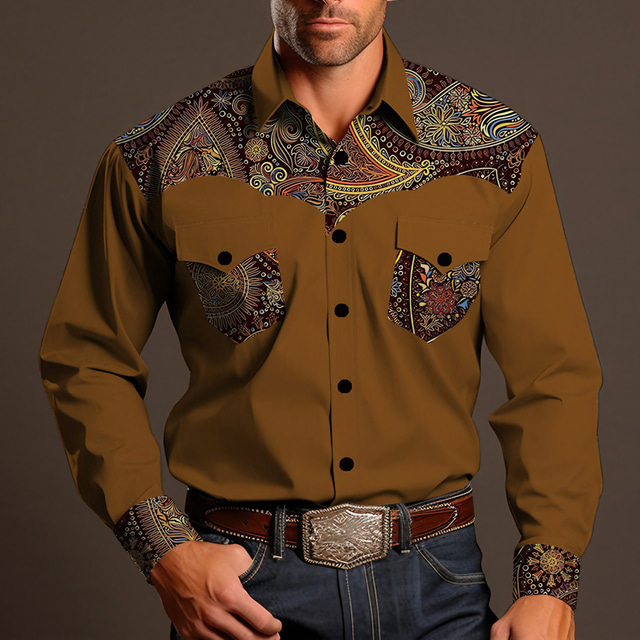  Paisley Vintage Western stijl Voor heren Overhemd Westers overhemd Buiten Straat Casual / Dagelijks Herfst winter Strijkijzer Lange mouw Zwart Bruin S M L Overhemd