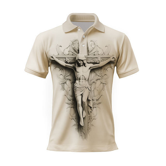  Embossed Jesus Men's Vintage 3D Print Outdoor Daily Wear Streetwear Polyester Short Sleeve Turndown Polo Shirts Black White Autumn / Fall S M L Lapel Polo