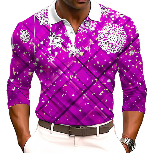  Snowflake Men's Casual 3D Print Outdoor Casual Daily Streetwear Christmas Polyester Long Sleeve Turndown Polo Shirts Blue Purple Fall & Winter S M L Micro-elastic Lapel Polo