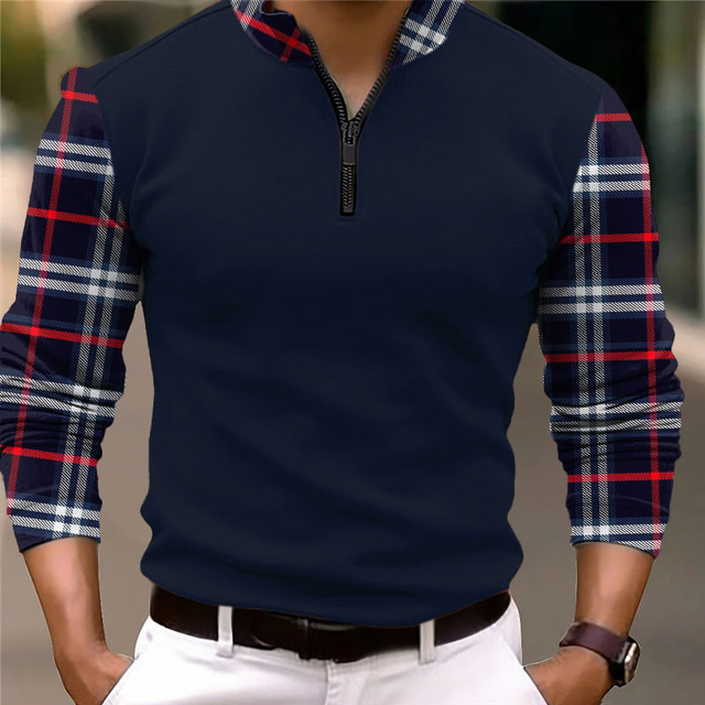  Plaid Men's Business 3D Print Zip Polo Outdoor Casual Daily Streetwear Polyester Long Sleeve Zip Polo Shirts Black Wine Fall & Winter S M L Micro-elastic Lapel Polo