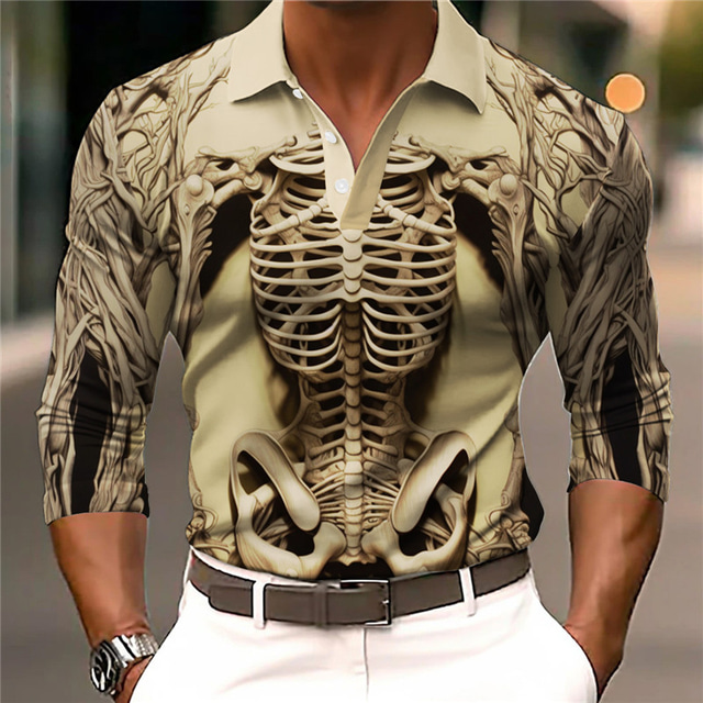  Embossed Skeleton Men's Abstract 3D Print Outdoor Casual Daily Streetwear Polyester Long Sleeve Turndown Polo Shirts Yellow Green Fall & Winter S M L Micro-elastic Lapel Polo