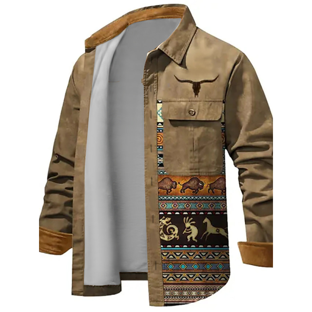  Tribal Bandana Print Epocă Tribal Bărbați Cămașă Jachetă cămașă În aer liber Stradă Casul / Zilnic Toamna iarna Răsfrânt Manșon Lung Maro S M L Cămașă