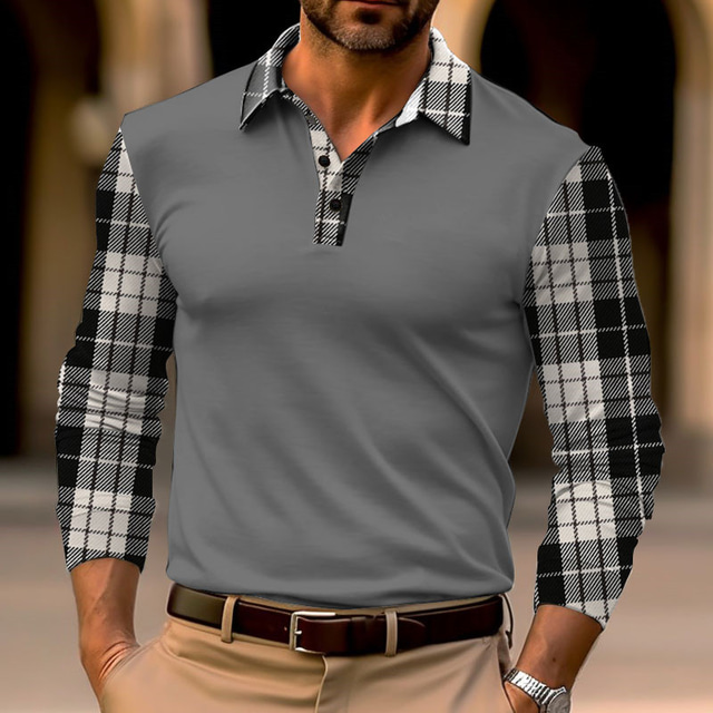  Men's Plaid Long Sleeve Polo Shirts Turndown Business Outdoor Casual Daily Streetwear 3D Print Black White Dark Navy