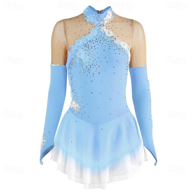  Figure Skating Dress Women's Girls' Ice Skating Dress Blue Stretchy Training Competition Skating Wear Thermal Warm Crystal / Rhinestone Long Sleeve Ice Skating Figure Skating