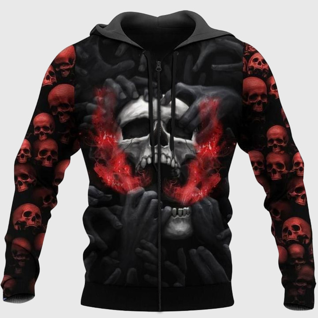  Skull Novelty Men's Comfort Color Sweatshirts Fashion 3D Print Zip Hoodie Halloween Holiday Vacation