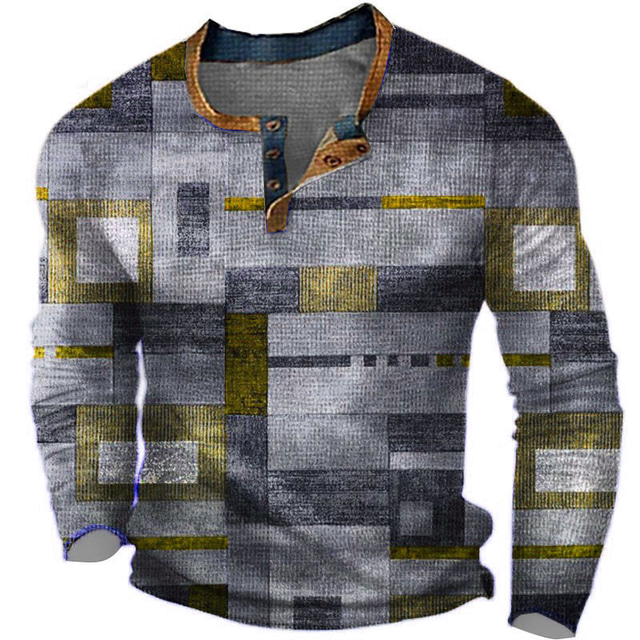  Men's Graphic Color Block Waffle Henley Shirt Casual Style Classic Style Long Sleeve T shirt 3D Print Henley Shirt Fashion Designer Basic Outdoor Daily Royal Blue Blue Orange Spring &  Fall Clothing