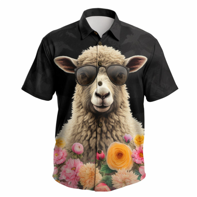  Alpaca Casual Men's Shirt Easter Autumn / Fall Turndown Short Sleeves Black, Pink, Gray S, M, L 4-Way Stretch Fabric Shirt