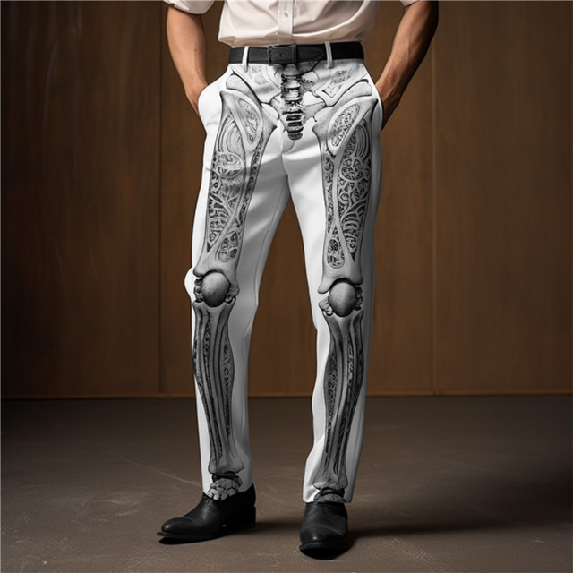  Relief Skelet Hulppatroon Punk Abstract Voor heren 3D-afdrukken Broeken Buiten Straat Draag naar het werk Polyester Zwart Wit Khaki S M L Hoog Elasticiteit Broek