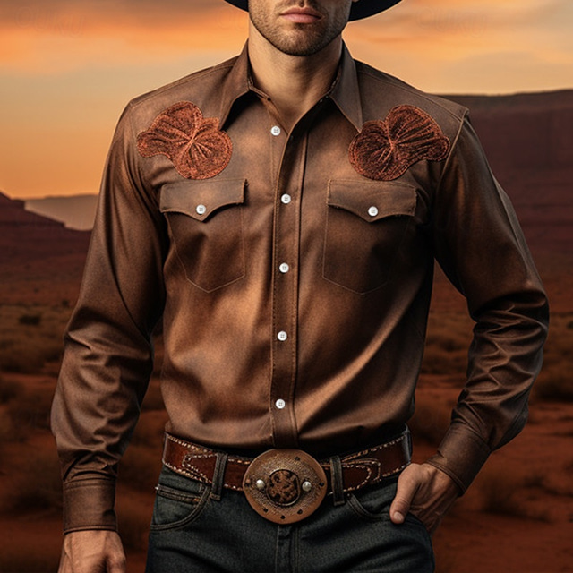  Per uomo simbolo Camicia Camicia occidentale Camicia da cowboy Manica lunga Informale stile western Esterno Strada Casual / quotidiano Autunno inverno Collo ripiegabile Bottoni Stampa Marrone