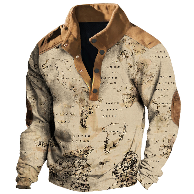  Mens Graphic Hoodie Nautical Map Prints Daily Casual Vintage Retro 3D Sweatshirt Pullover Vacation Going Out Streetwear Sweatshirts Blue Green Khaki Outdoor Cotton