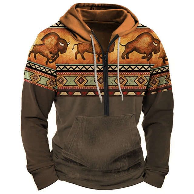  Kapuzenpullover mit Büffel-Print, bequeme Farb-Sweatshirts für Herren, grafischer Farbblock, Stammes-Prints, täglich, ethnisch