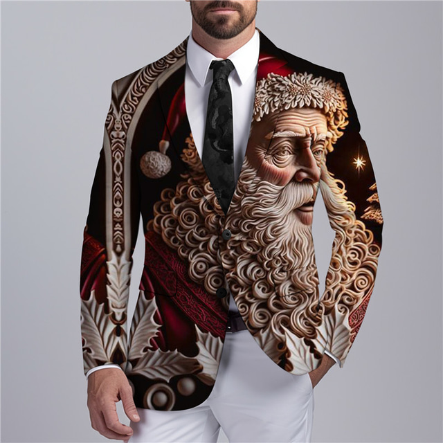  Blazers con estampado de Papá Noel para hombre, chaqueta de negocios de Papá Noel, cálida, transpirable, cómoda, para trabajar, salir, con botones, estampado, multibolsillos, corte regular,