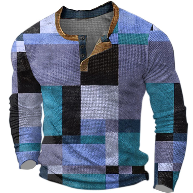  Per uomo Pop art A quadri Color Block Camicia Henley Maglietta Waffle Manica lunga Stampa 3D Di tendenza Originale Informale Sportivo Per eventi Festival Primavera & Autunno Rosso Viola Marrone Verde