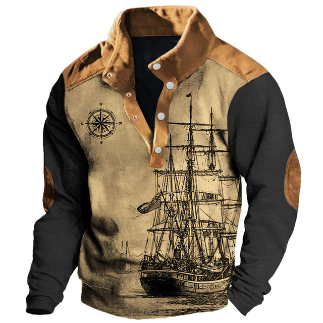  Sailboat And Compass Mens Graphic Hoodie Ship Nautical Daily Casual Vintage Retro 3D Print Sweatshirt Sports Outdoor Holiday Vacation Sweatshirts Black Blue Green Stand Collar Cotton