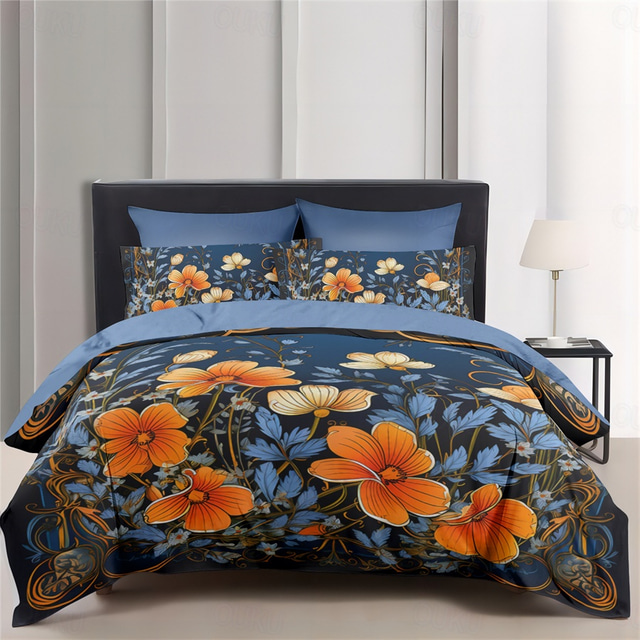  Floral Pattern Duvet Cover Set Comforter Set,Printed Comforter Cover Cotton Bedding Sets With Envelope Pillowcase,  Room Decor King Queen Duvet Cover