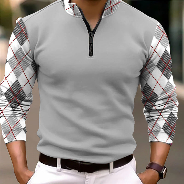  Plaid Geschäftlich Herren Zip Polo Langarm Outdoor Casual Strassenmode Herbst Winter 3D Bedruckt Zip Schwarz Weiß Dunkelmarine Mikro-elastisch Polyester