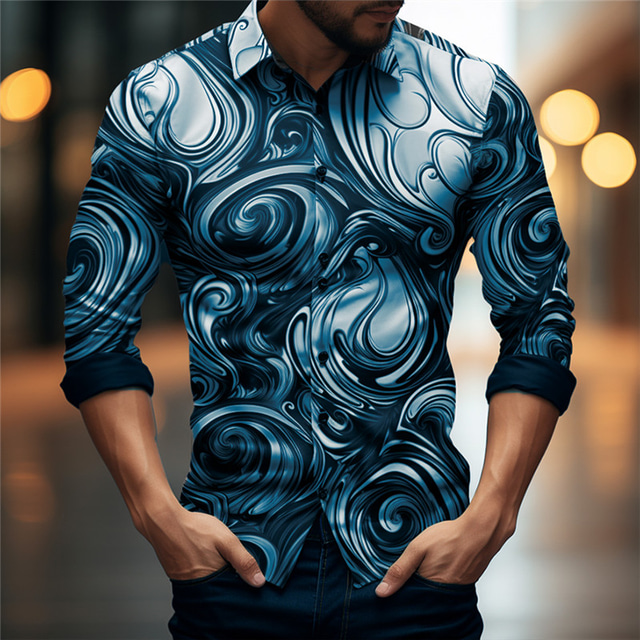  Men's 3D Shirt Optical Illusion Line Vintage Abstract Men's Shirt Outdoor Street Casual Daily Fall & Winter Turndown Long Sleeve Blue Gray Shirt Formal Fabric